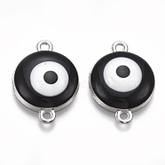Alloy Links connectors, with Enamel, Flat Round with Evil Eye, Platinum, Black, 22x16x4.5mm, Hole: 1.5mm(ENAM-S016-30A)