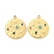 PVD Vacuum Plating 304 Stainless Steel Pendants, with Colorful Rhinestone, Flat Round with Star Charms, Real 18K Gold Plated, 17.5x15x2mm, Hole: 1.4mm(STAS-L278-032G)