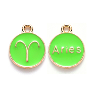 Alloy Enamel Pendants, Cadmium Free & Lead Free, Flat Round with Constellation, Light Gold, Pale Green, Aries, 15x12x2mm, Hole: 1.5mm(ENAM-S124-01B-06A)