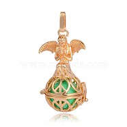 Golden Plated Brass Hollow Round Cage Pendants, with No Hole Spray Painted Brass Beads, Medium Spring Green, 45x25x24mm, Hole: 3x8mm(KK-J251-10G)