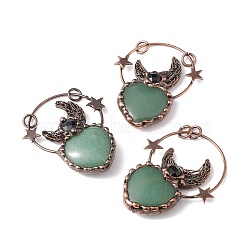 Natural Green Aventurine Big Pendants, with Red Copper Tone Brass Findings and Black Glass, Heart with Moon & Star, Cadmium Free & Lead Free, 65.5~68x50~55x11.5~15mm, Hole: 6mm(G-I324-04R-01)
