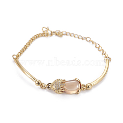 Golden Tone Brass Link Bracelets, with Glass and Cubic Zirconia, Pi Xiu, PeachPuff, 7-5/8 inch(19.5cm), 2.5~3mm(BJEW-L639-14A)