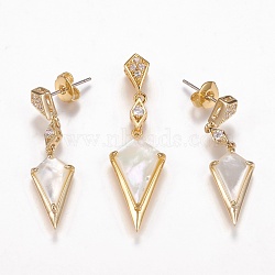 Brass Micro Pave Cubic Zirconia Jewelry Sets, Pendants and Dangle Stud Earrings, with Natural White Shell and Ear Nuts, Kite, Golden, 41mm; Hole: 2x5mm; 34mm, Pin: 0.6mm(SJEW-F216-02B-G)