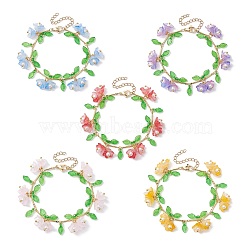 Flower Glass & Acrylic Charm Bracelets, Brass Bar Link Chain Bracelets for Women, Mixed Color, 7-1/8 inch(18cm)(BJEW-JB10443)