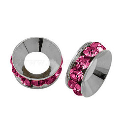 Brass Rhinestone Spacer Beads, Grade A, Rondelle, Platinum Metal Color, Fuchsia, 9x4mm, Hole: 4mm(RB-A020-9mm-24P)
