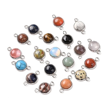 Natural & Synthetic Mixed Gemstone Connector Charms, Half Round Links, with Stainless Steel Color Tone 304 Stainless Steel Findings, 12x19.5x5mm, Hole: 2mm