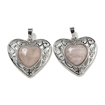 Natural Rose Quartz Peach Love Heart Pendants, Rack Plating Brass Hollow Heart Charms, Cadmium Free & Lead Free, 29.5x30.5x7.5mm, Hole: 7.5x5mm