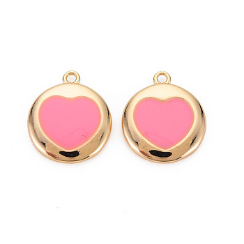 Brass Enamel Pendants, Nickel Free, Real 18K Gold Plated, Flat Round with Heart, Pink, 16x14x2mm, Hole: 1.2mm