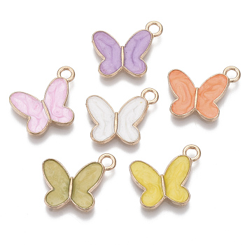 Alloy Enamel Pendants, Butterfly, Light Gold, Mixed Color, 14x17x2mm, Hole: 2mm