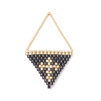 Handmade Japanese Seed Beads Pendants, Triangle with Cross Charms, Black, 37~38x23x2mm, Hole: 17x20mm