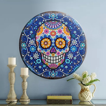 DIY Diamond Painting Hanging Wall Decorations Kits, including Resin Rhinestones, Diamond Sticky Pen, Tray Plate and Glue Clay, Flat Round, Skull, 300mm