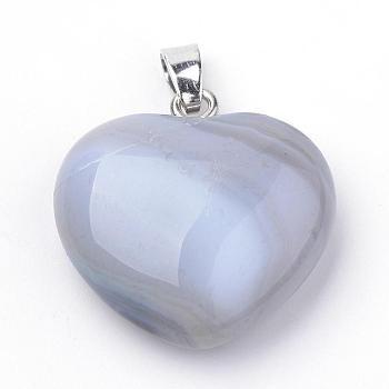 Natural Grey Agate Pendants, with Alloy Findings, Heart, Platinum, 27~29x28x11mm, Hole: 3.5x5mm