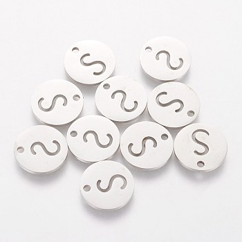 201 Stainless Steel Charms, Flat Round with Letter, Stainless Steel Color, Letter.S, 12x1mm, Hole: 1.5mm