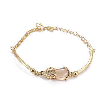 Golden Tone Brass Link Bracelets, with Glass and Cubic Zirconia, Pi Xiu, PeachPuff, 7-5/8 inch(19.5cm), 2.5~3mm