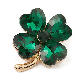 Glass Four-Leaf Clover Brooch Pin, Alloy Badge for Backpack Clothes, Golden, 34x28.3x15mm