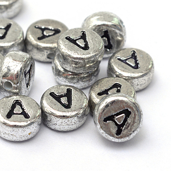 Plated Acrylic Horizontal Hole Letter Beads, Flat Round, Letter.A, 7x4mm, Hole: 1.3mm, about 3600pcs/500g