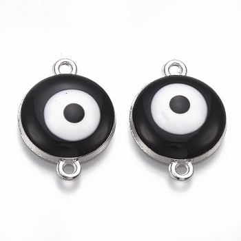 Alloy Links connectors, with Enamel, Flat Round with Evil Eye, Platinum, Black, 22x16x4.5mm, Hole: 1.5mm