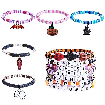 12Pcs 12 Style Handmade Polymer Clay Heishi Surfer Stretch Bracelets Set with Alloy Enamel Ghost Coffin Pumpkin Charms, Acrylic Word Halloween Preppy Bracelets for Women, Mixed Color, Inner Diameter: 2-1/8 inch(5.3~5.5cm), 1Pc/style