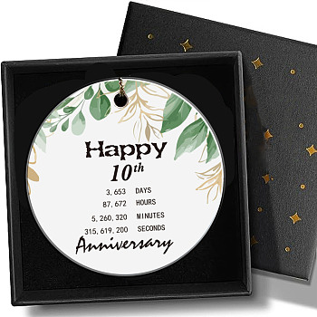 Printed Porcelain Happy 10th Anniversary Hanging Ornaments, with Rope and Box, Flat Round, Leaf, 76x3mm