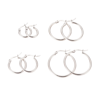 304 Stainless Steel Hoop Earrings for Women, Ring Shape, Mixed Size, Stainless Steel Color, 15~31x14~29x2mm, 12 Gauge, Pin: 1x0.8mm, 4pairs/set