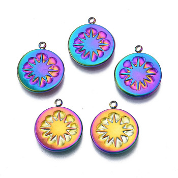 Ion Plating(IP) 304 Stainless Steel Pendants, Cadmium Free & Nickel Free & Lead Free, Flat Round with Sun, Rainbow Color, 17x14.5x2mm, Hole: 1.4mm