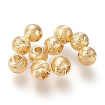 Brass Beads, Long-Lasting Plated, Textured, Solid Round, Real 18K Gold Plated, 7.6x7mm, Hole: 2~2.5mm
