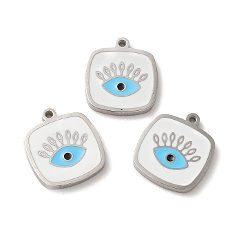 304 Stainless Steel Enamel Pendants, Rectangle with Evil Eye Charm, Stainless Steel Color, 17x15x2mm, Hole: 1.5mm