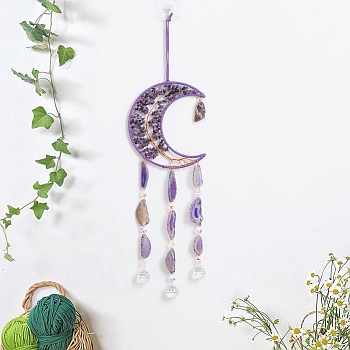 Copper Wire Wrapped Natural Amethyst Chip Moon with Tree of Life Hanging Suncatchers, with Natural Agate Piece for Home Wall Decorations, Dark Orchid, 650x200mm