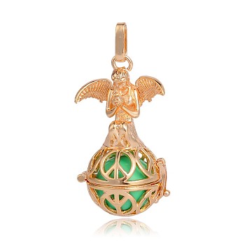 Golden Plated Brass Hollow Round Cage Pendants, with No Hole Spray Painted Brass Beads, Medium Spring Green, 45x25x24mm, Hole: 3x8mm