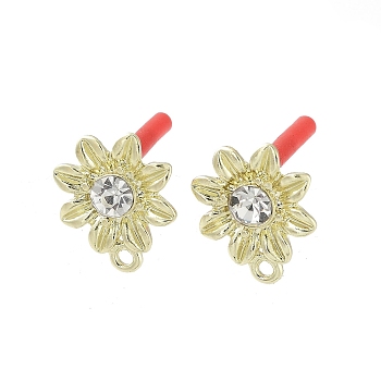 Rack Plating Golden Alloy with Rhinestone Stud Earring Findings, with Loops and 304 Stainless Steel Pins, Cadmium Free & Nickel Free & Lead Free, Flower, 17x14.5mm, Hole: 1.6mm, Pin: 0.7x10.5mm