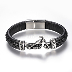Men's Braided Leather Cord Bracelets, with 304 Stainless Steel Findings and Magnetic Clasps, Motorbike, Black, 8-5/8 inch(220mm)(BJEW-H559-10G)