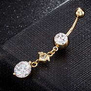 Brass Cubic Zirconia Navel Ring, Belly Rings, with 304 Stainless Steel Bar, Cadmium Free & Lead Free, Real 18K Gold Plated, Flat Round, Clear, 46x8mm, Bar: 15 Gauge(1.5mm), Bar Length: 3/8"(10mm)(AJEW-EE0004-16)