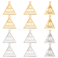 Unicraftale 12Pcs 2 Colors 304 Stainless Steel Pendants, Triangle with Evil Eye, Golden & Stainless Steel Color, 15~15.5x14.5~15x0.5mm, Hole: 1.5mm, 6pcs/color(STAS-UN0033-31)