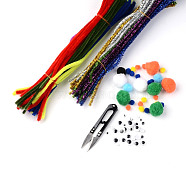 Free Tutorial DIY Jewelry Sets, Christmas Tinsel Chenille Stem, Wobbly Eye Plastic Cabochons, Mixed Round Wool Pom Pom Ball and Steel Scissors, Mixed Color, 7x29cm, 5x30cm(DIY-LC0016-03)