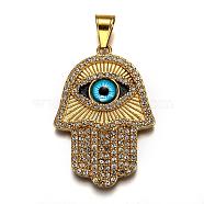 Ion Plating(IP) 304 Stainless Steel Enamel Pendants, with Rhinestone and Glass, Religion, Hamsa Hand/Hand of Fatima/Hand of Miriam with Evil Eye, Golden, 57.5x39x4mm, Hole: 7.5x11mm(STAS-E476-06G)