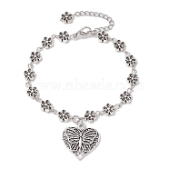 Tibetan Style Alloy Charm Bracelets, with Flower Link Chains, Heart, 7-1/4 inch(18.5cm), Heart: 22x22mm(BJEW-JB10096-02)