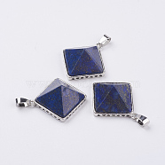 Natural Lapis Lazuli Pendants, with Brass Finding, Pyramid, Platinum, 28.5x32x13mm, Hole: 3.5x6mm(G-E442-02O)