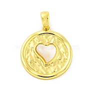 Brass Pave Shell Pendants, Real 18K Gold Plated, Flat Round with Heart Charm, Flat Round, 20x17.5x3mm, Hole: 5x3.3mm(KK-P263-01A-G)