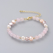 Beaded Bracelets, with Natural Pearl Beads, Natural Rose Quartz Beads and Golden Plated Brass Chain Extender and Spacer Beads, 7-1/8 inch(18.1cm)(BJEW-JB04734-04)