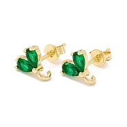 Rack Plating Brass Cubic Zirconia Stud Earrings Findings, Real 18K Gold Plated, with Loop, Cadmium Free & Lead Free, Heart, Green, 9x8.5mm, Hole: 1.5mm, Pin: 1mm(X-MAK-I684-10G-01-RS)