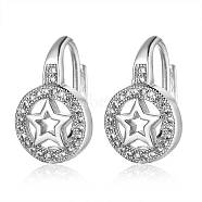 Brass Micro Pave Cubic Zirconia Pentacle Leverback Earrings, Flat Round with Star, Clear, Platinum, 16x13x10.5mm, Pin: 1mm(EJEW-S205-JN467-1)
