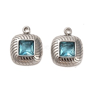304 Stainless Steel Pendants, with Light Blue Glass, Square Charms, Stainless Steel Color, 15x12x3.5mm, Hole: 1.8mm(STAS-L022-061P-03)