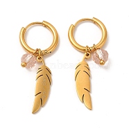 Glass Round Beaded & Feather Dangle Hoop Earrings, Vacuum Plating 304 Stainless Steel Jewelry for Women, Golden, 34.5mm, Pin: 0.9mm(EJEW-P219-08G)