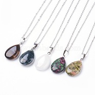 Natural & Synthetic Gemstone Pendant Necklaces, with Brass Chains, teardrop, 17.3 inch(44cm), 1.5mm(NJEW-JN02160)
