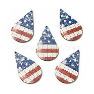 American Flag Theme Single Face Printed Aspen Wood Big Pendants, Teardrop Charm, Chocolate, 57.5x34.5x2.5mm, Hole: 1.6mm(WOOD-G014-12)