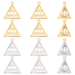 Unicraftale 12Pcs 2 Colors 304 Stainless Steel Pendants, Triangle with Evil Eye, Golden & Stainless Steel Color, 15~15.5x14.5~15x0.5mm, Hole: 1.5mm, 6pcs/color(STAS-UN0033-31)