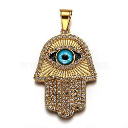 Ion Plating(IP) 304 Stainless Steel Enamel Pendants, with Rhinestone and Glass, Religion, Hamsa Hand/Hand of Fatima/Hand of Miriam with Evil Eye, Golden, 57.5x39x4mm, Hole: 7.5x11mm(STAS-E476-06G)