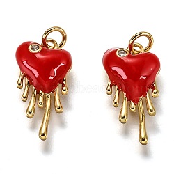 Brass Micro Pave Clear Cubic Zirconia Pendants, Long-Lasting Plated, with Jump Rings & Red Enamel, Heart, Real 18K Gold Plated, 17x9x3.5mm, Hole: 2.5mm(ZIRC-B0003-20G)