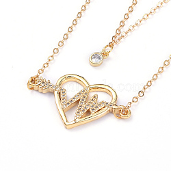 Valentine's Day Double Layer Necklaces, with Brass Cable Chains, Heart Brass Clear Cubic Zirconia Pendants, Claw Clasps and Box, Heartbeat, Golden, 16.33 inch(41.5cm), 1.5mm(NJEW-JN02734-02)