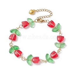 Glass Tulip Flower Beaded Bracelet with 304 Stainless Steel Clasps, Red, 7-5/8 inch(19.5cm)(BJEW-JB09959-02)